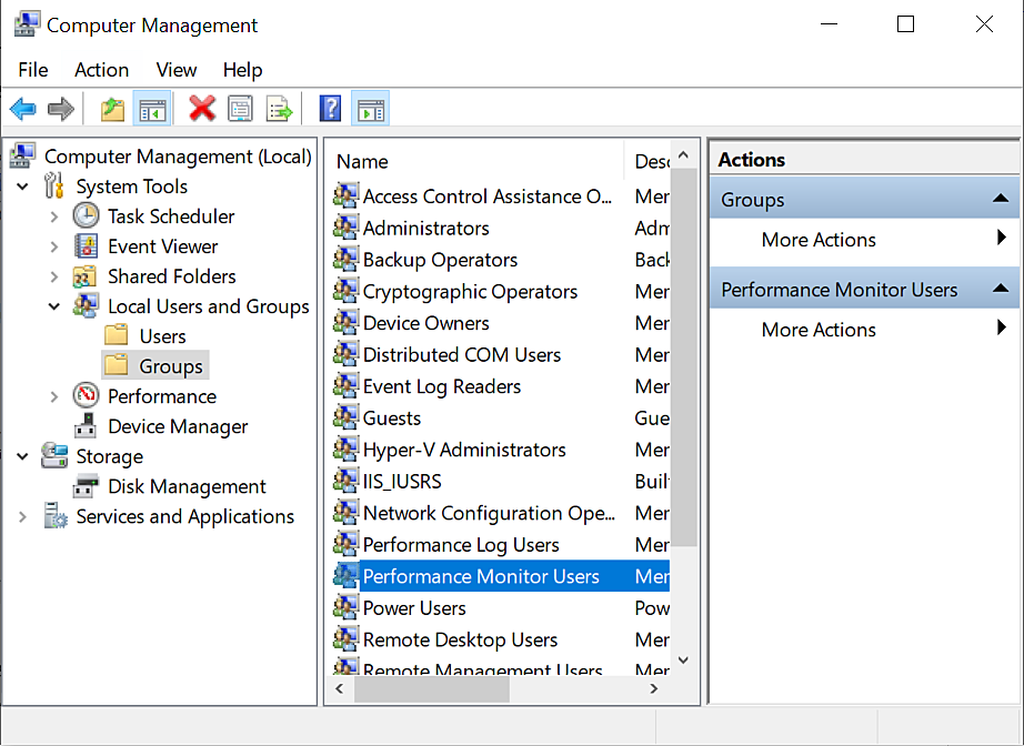 Selecting Performance Monitor Users group