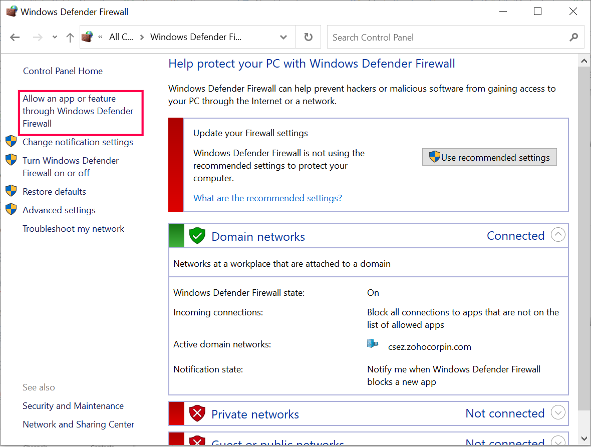 Select Allow an app or feature through Windows Defender Firewall