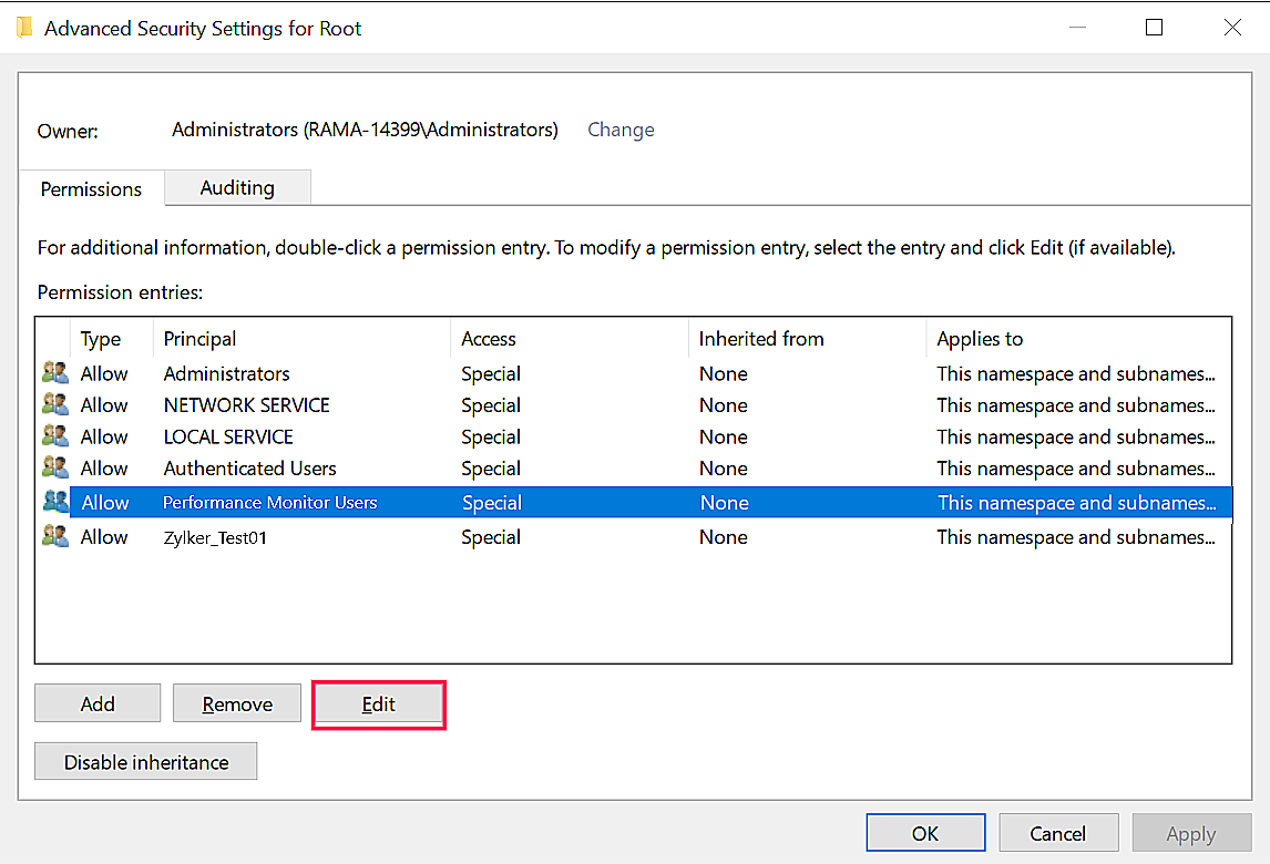 Click Edit after selecting Performance Monitor Users Group