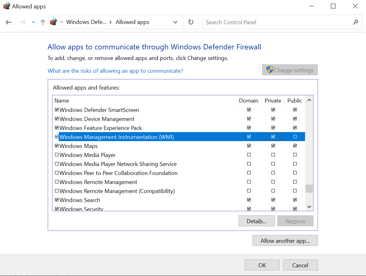 Check Domain and Private checkboxes for WMI